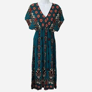Bellezza Signora Women’s Size Small MIDI Dress 100% Cotton Empire Waist Teal